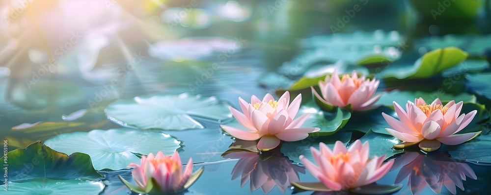 Pink Water Lilies Blooming in a Serene Pond Pink Water Lilies Blooming in a Serene Pond