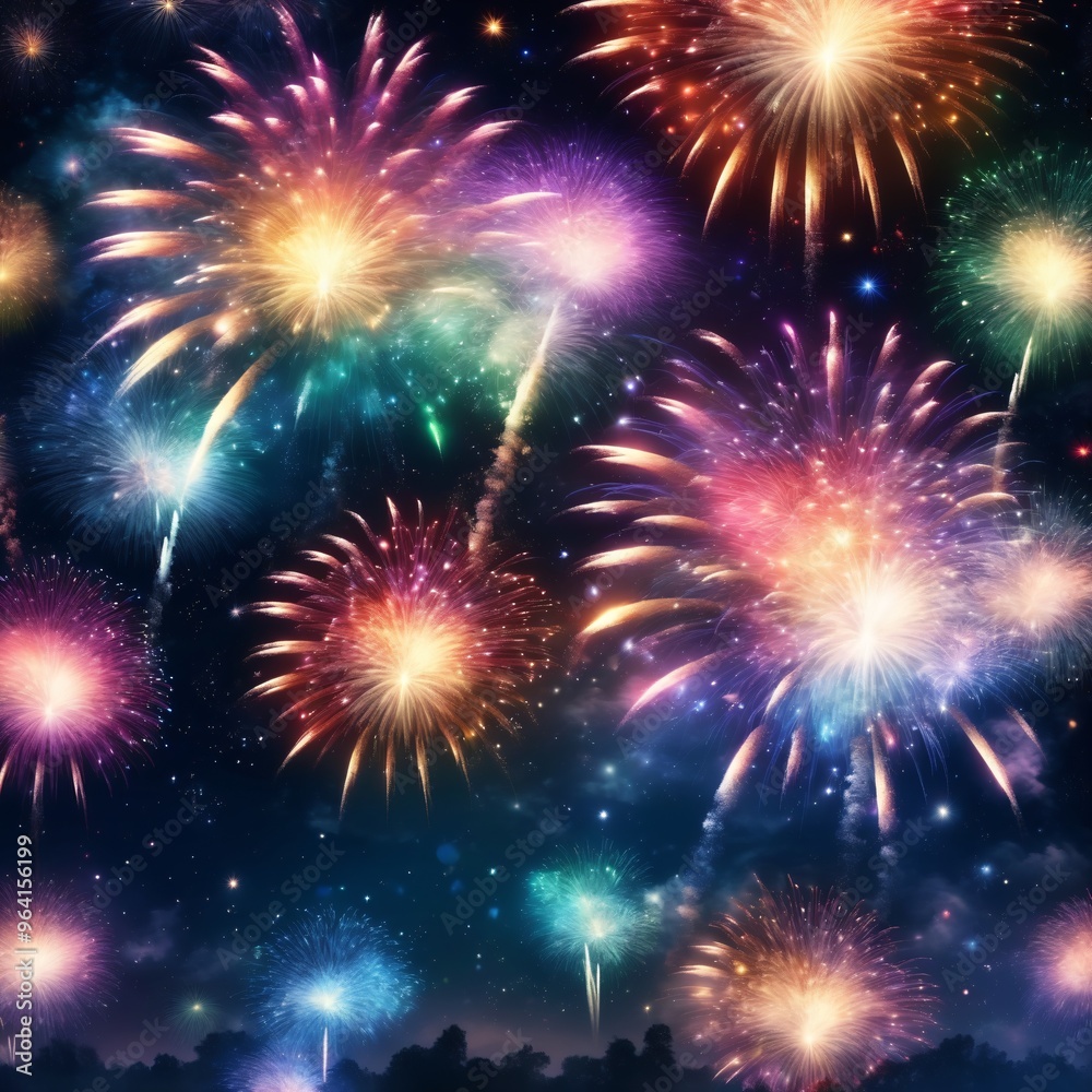 Fototapeta premium Dazzling display of fireworks bursting in a variety of colors against the night sky, symbolizing celebration festivity