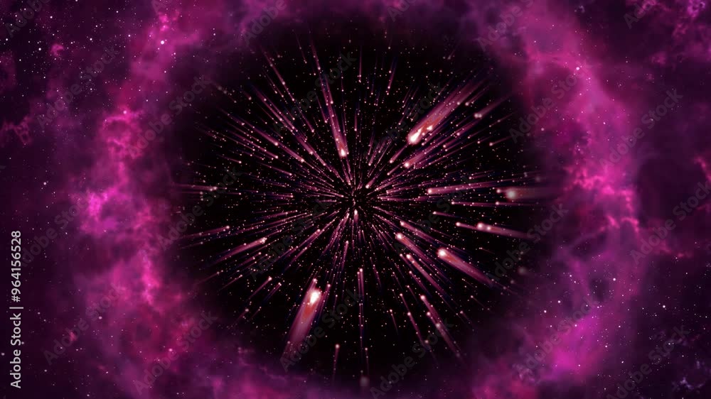 Amazing Red, Pink Meteor Shower in Space Viewing Through a Blue Portal Amazing Red, Pink Meteor Shower in Space Viewing Through a Blue Portal