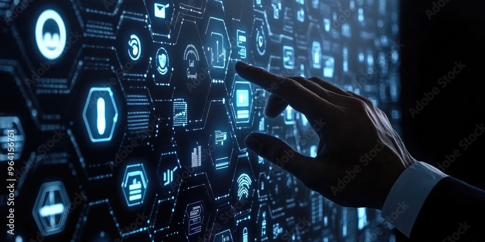 A hand is pointing at a computer screen with a lot of icons on it. The icons include a clock, a dollar sign, and a shopping cart. Concept of technology and the importance of time A hand is pointing at a computer screen with a lot of icons on it. The icons include a clock, a dollar sign, and a shopping cart. Concept of technology and the importance of time