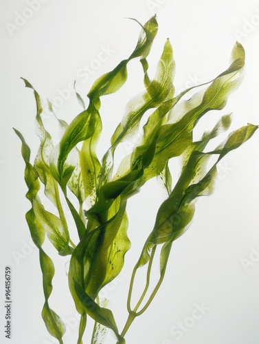 A bunch of green seaweed with a white background. The seaweed is long and thin, and it looks like it's growing out of the water photo