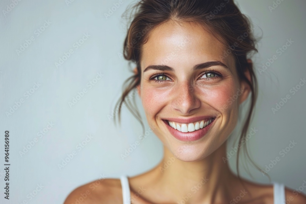A woman with a smile on her face. She has green eyes and is wearing a white tank top A woman with a smile on her face. She has green eyes and is wearing a white tank top