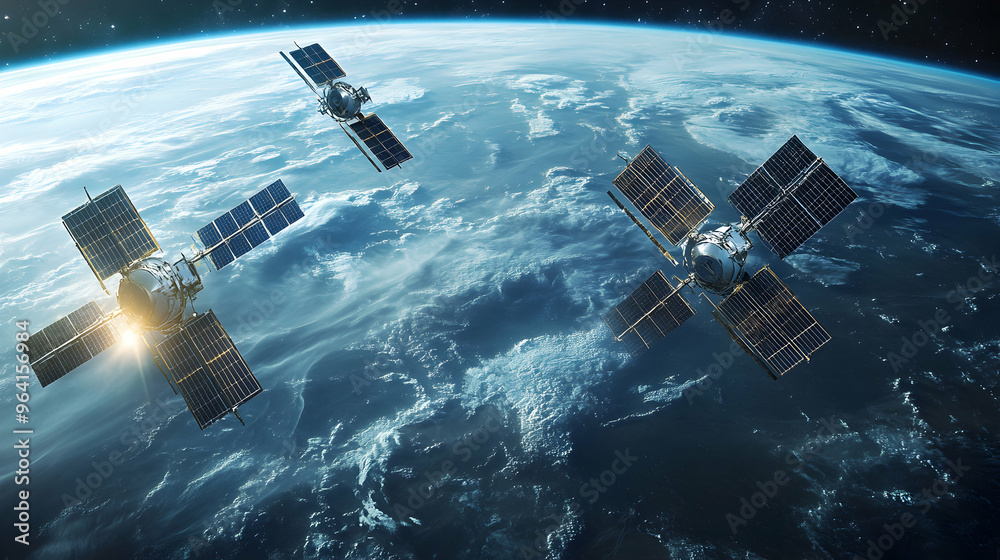 An array of cutting-edge satellites positioned in low Earth orbit, capturing data from the planet's surface and transmitting signals across space An array of cutting-edge satellites positioned in low Earth orbit, capturing data from the planet's surface and transmitting signals across space
