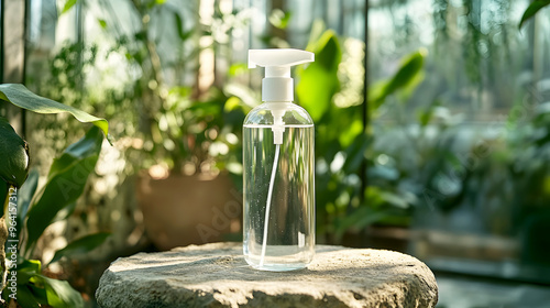 clear glass spray bottle with a white cap, sitting on a stone platform with plants in the background, evoking an eco-conscious product design photo