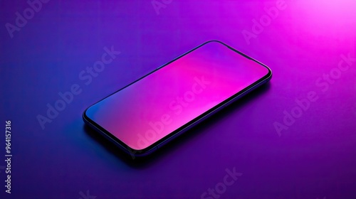 A modern smartphone on a vibrant purple background, glowing with futuristic light and surrounded by minimalist textures for a clean, tech-forward design.