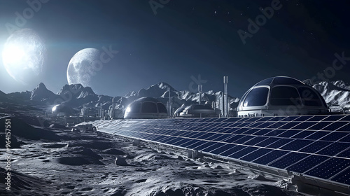 A large solar farm on the Moon, capturing energy from the sun, with domed structures in the background for human habitation photo