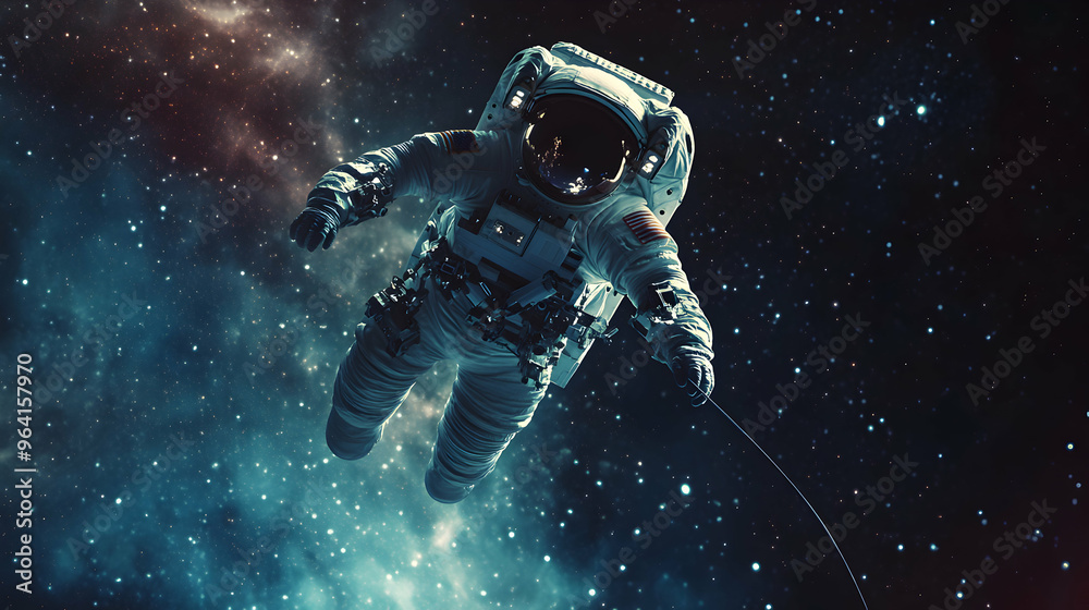 An astronaut floating outside a space station, holding onto a tether while performing maintenance in deep space, with stars scattered across the sky An astronaut floating outside a space station, holding onto a tether while performing maintenance in deep space, with stars scattered across the sky