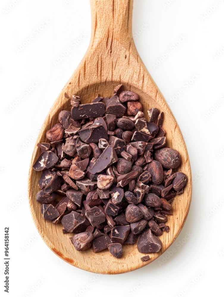 A spoonful of chocolate is shown on a white background. The spoon is wooden and the chocolate is in a pile. Scene is warm and inviting, as the chocolate is a popular treat that many people enjoy A spoonful of chocolate is shown on a white background. The spoon is wooden and the chocolate is in a pile. Scene is warm and inviting, as the chocolate is a popular treat that many people enjoy