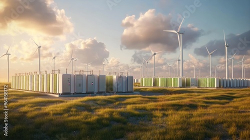 A field of electrolysis units converting water into green hydrogen, surrounded by wind turbines