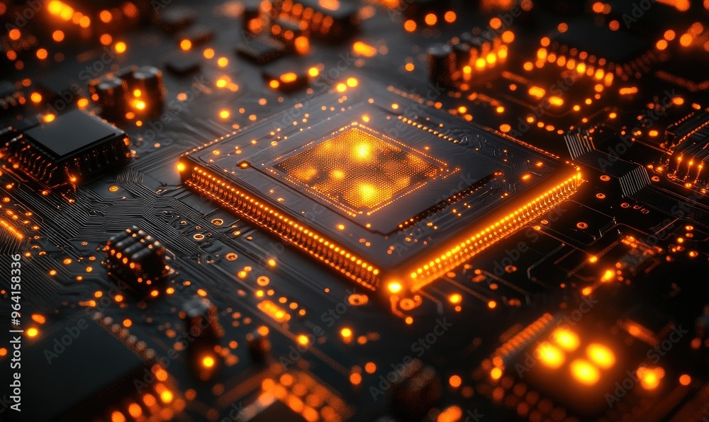 Close-up of a glowing CPU on a motherboard Close-up of a glowing CPU on a motherboard
