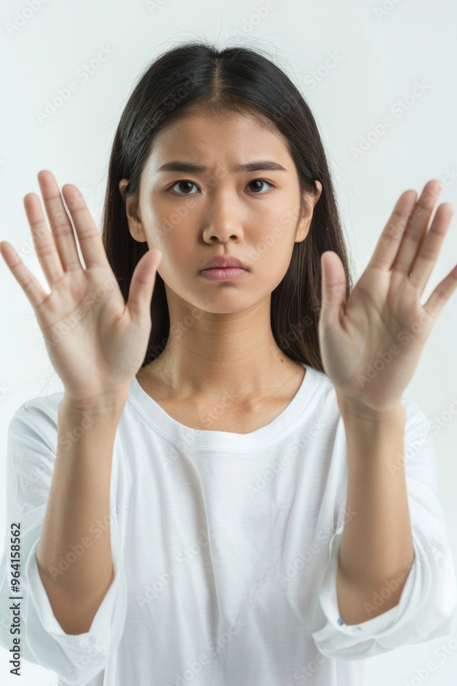 A woman with long hair is holding her hands up in the air. She has a serious expression on her face A woman with long hair is holding her hands up in the air. She has a serious expression on her face