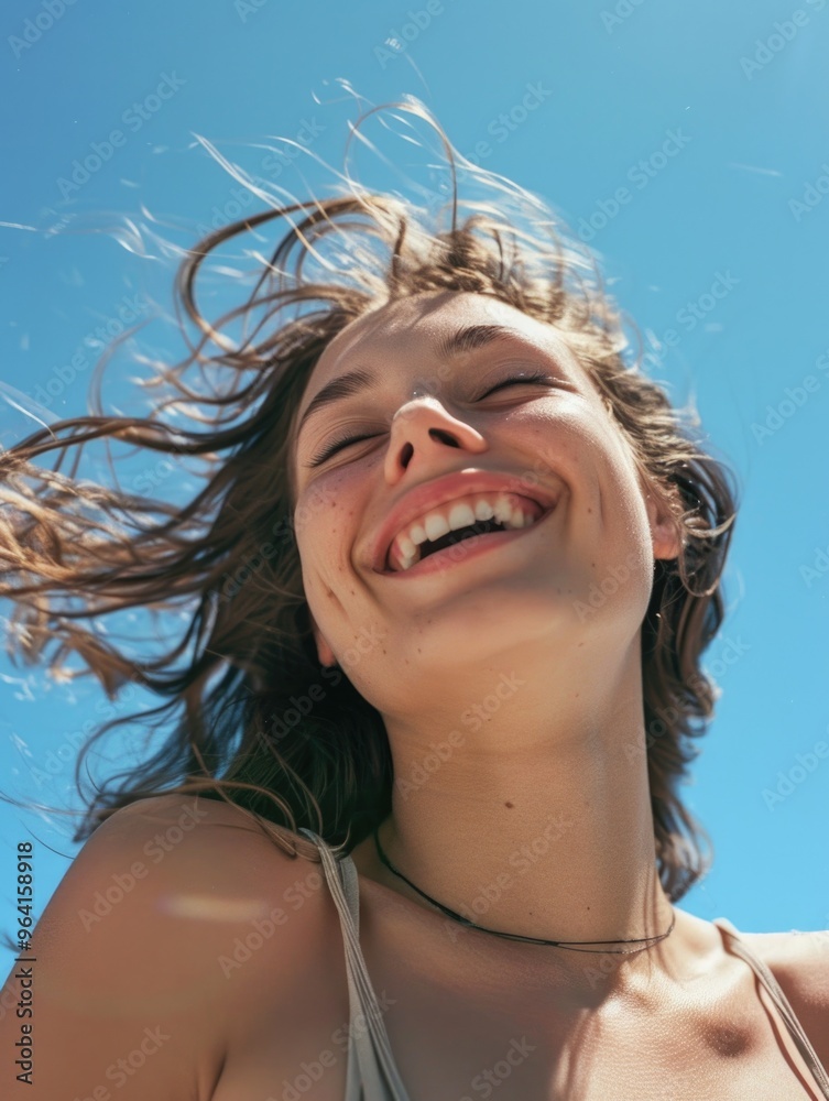 A woman with long hair is smiling and looking up at the sky. Concept of happiness and freedom, as the woman's hair is blowing in the wind and she is enjoying the beautiful day A woman with long hair is smiling and looking up at the sky. Concept of happiness and freedom, as the woman's hair is blowing in the wind and she is enjoying the beautiful day