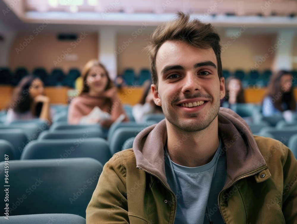 A young man is smiling in a classroom setting. He is wearing a brown jacket and a gray shirt A young man is smiling in a classroom setting. He is wearing a brown jacket and a gray shirt