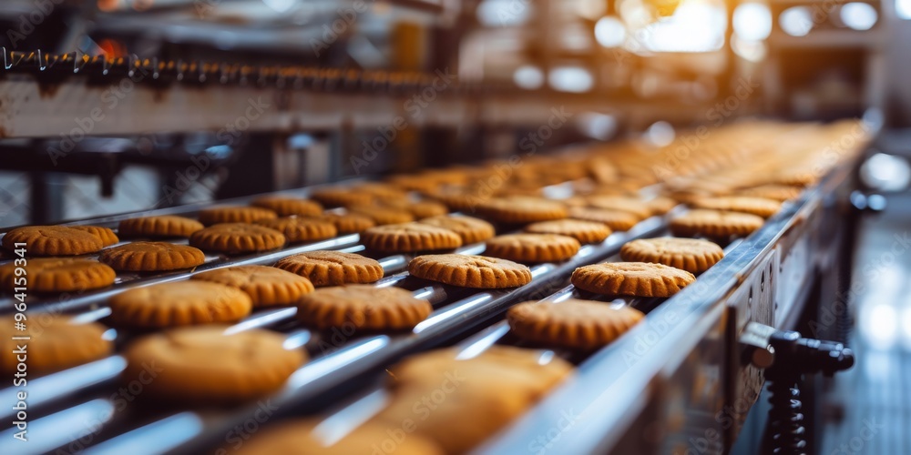 Cookies moving on assembly line in plant Cookies moving on assembly line in plant