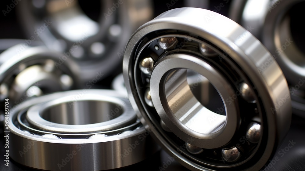 Set of deep groove ball and roller bearings on a gray background with soft focus. Neural network ai generated art Set of deep groove ball and roller bearings on a gray background with soft focus. Neural network ai generated art