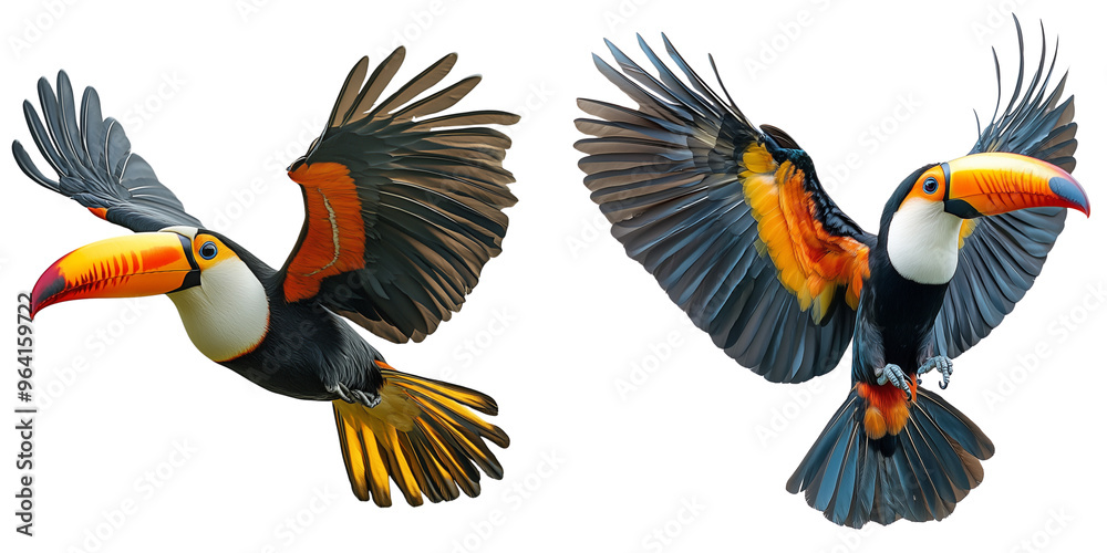 Obraz premium set of A realistic photographic image of a toucan in flight, showing the full body of the bird against on a transparent background