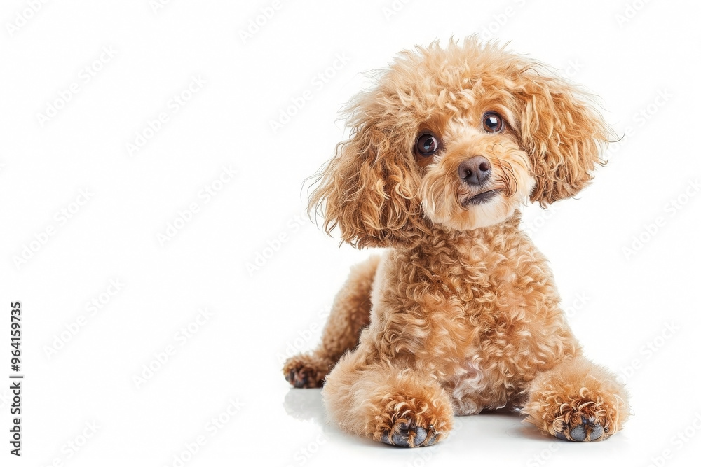 Small fluffy poodle breed dog with big round brown eyes and cute smiling expression on white isolated background. Generated AI Small fluffy poodle breed dog with big round brown eyes and cute smiling expression on white isolated background. Generated AI