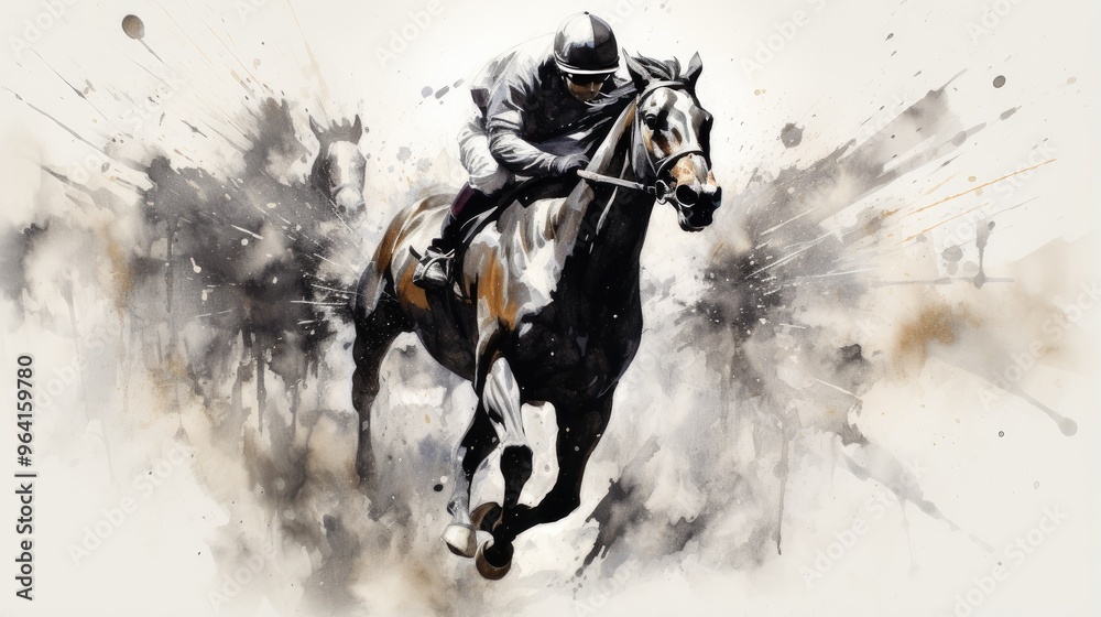 A dynamic depiction of a horse racing, showcasing speed and motion through splashes of color and energy. A dynamic depiction of a horse racing, showcasing speed and motion through splashes of color and energy.