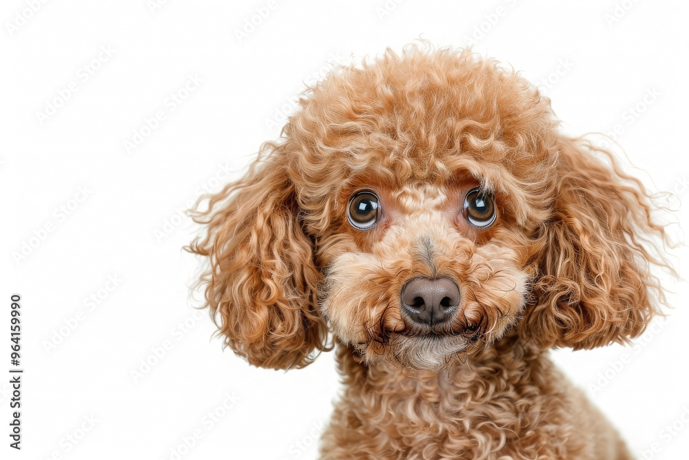 Small fluffy poodle breed dog with big round brown eyes and cute smiling expression on white isolated background. Generated AI Small fluffy poodle breed dog with big round brown eyes and cute smiling expression on white isolated background. Generated AI