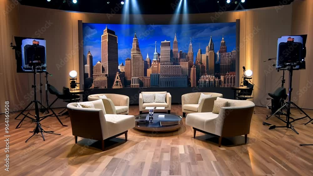Camera fly around a television studio set for a talk show. Comfortable chairs, a backdrop, and studio lights create a welcoming atmosphere. A talk show host sits ready to interview guests.