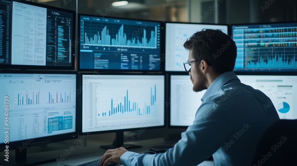 A business analyst reviewing data on multiple computer monitors in a high-tech office environment. A business analyst reviewing data on multiple computer monitors in a high-tech office environment.