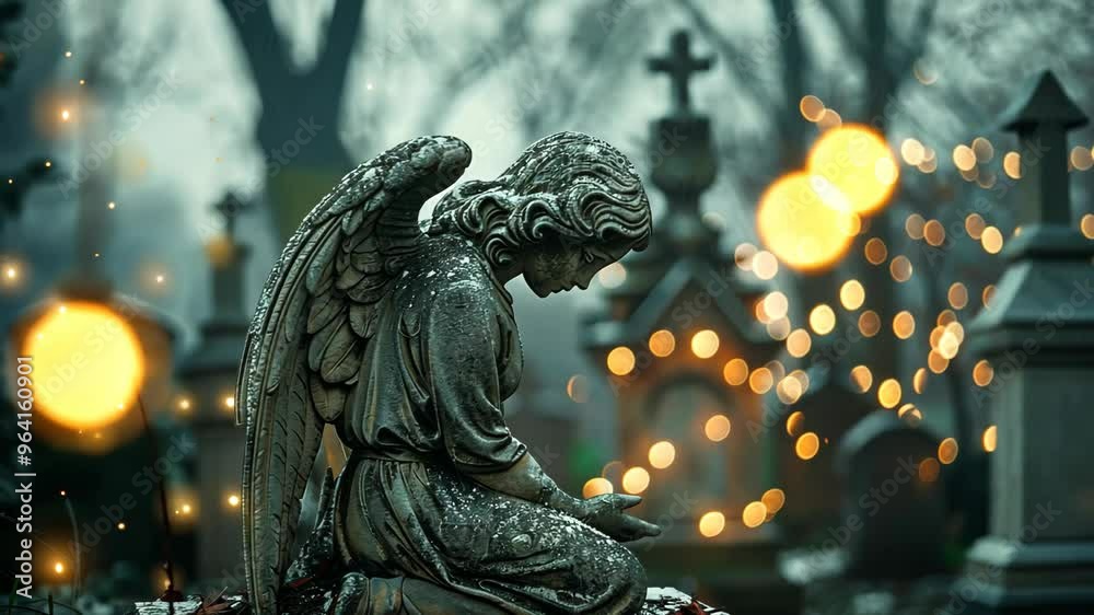 A serene winter morning at the cemetery with an angel statue surrounded by glowing lights and snow A serene winter morning at the cemetery with an angel statue surrounded by glowing lights and snow