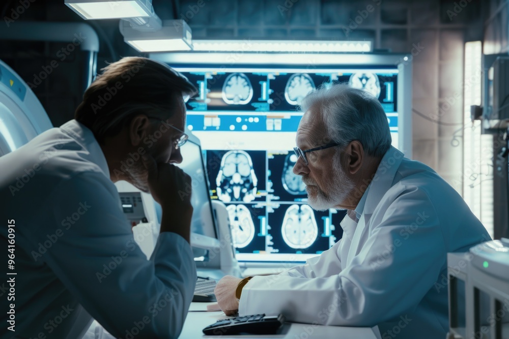 Two men in white lab coats are looking at a computer screen with a lot of images on it. They are discussing something important Two men in white lab coats are looking at a computer screen with a lot of images on it. They are discussing something important