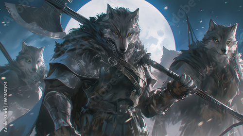 wolf beastfolk warrior wielding a massive axe with his pack standing behind him under the full moon ready for battle in a wintry night photo