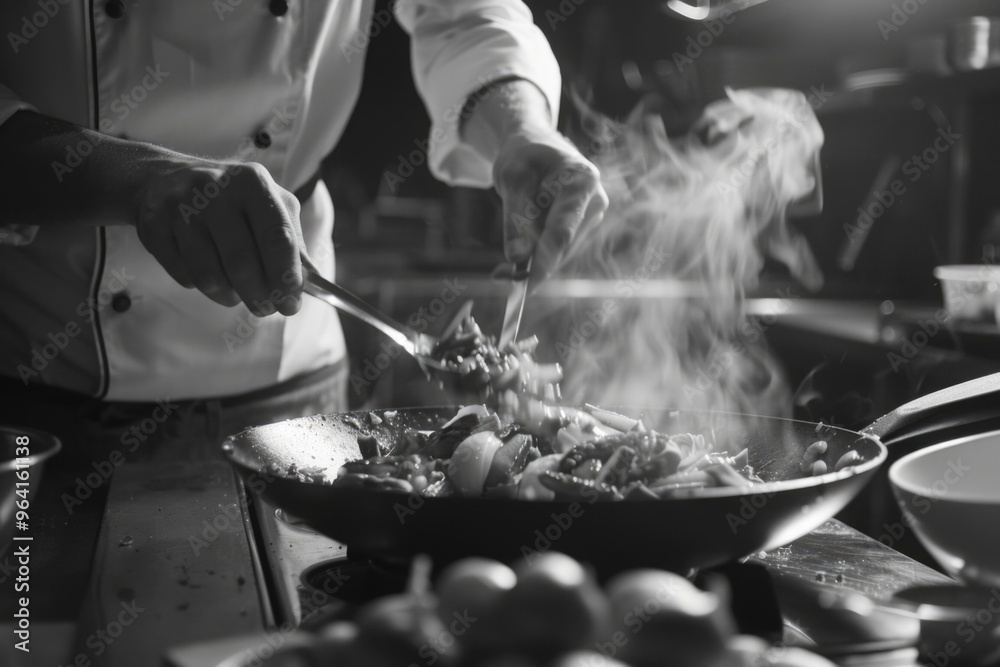 Fototapeta premium A chef is cooking food in a pan with steam coming out of it