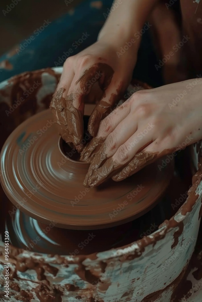 A person is making pottery in a brown clay pot. The pot is almost full and the person is using their hands to shape it. Concept of creativity and craftsmanship A person is making pottery in a brown clay pot. The pot is almost full and the person is using their hands to shape it. Concept of creativity and craftsmanship