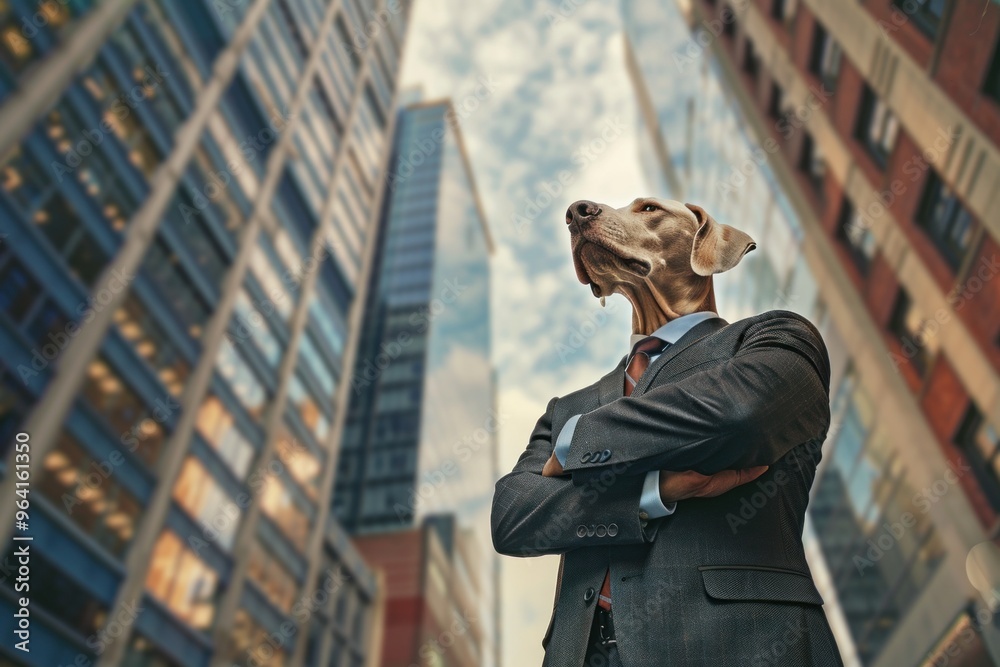 Confident businessman dog standing in suit with arms crossed in the city Confident businessman dog standing in suit with arms crossed in the city