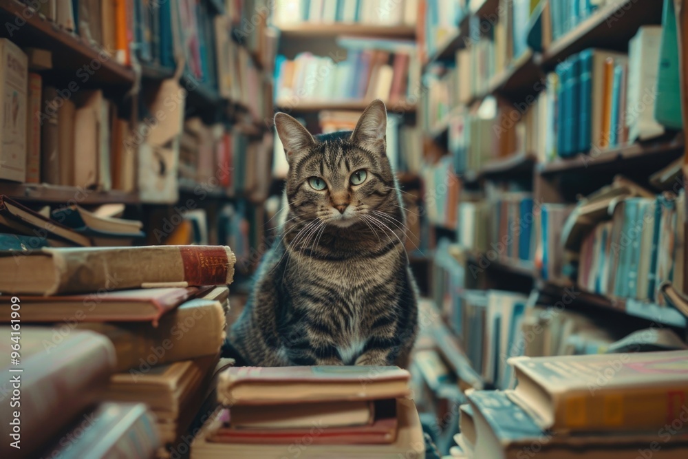 A cat is sitting on top of a pile of books in a library. The cat is looking at the camera with a curious expression. Concept of curiosity and exploration A cat is sitting on top of a pile of books in a library. The cat is looking at the camera with a curious expression. Concept of curiosity and exploration