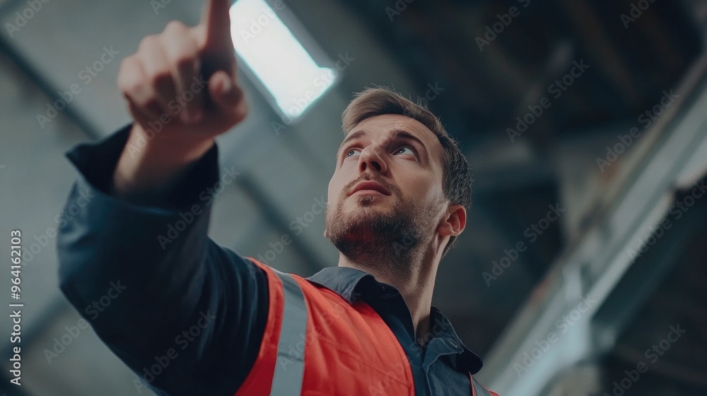 A man in a safety vest points his finger up. Concept of caution and attention to detail A man in a safety vest points his finger up. Concept of caution and attention to detail