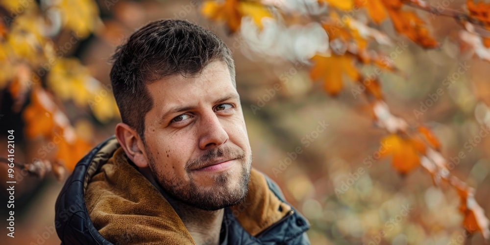A man with a beard and a brown jacket is smiling A man with a beard and a brown jacket is smiling