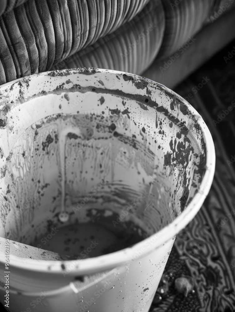 A bucket is full of paint and has been used for painting. The bucket is dirty and has paint splatters all over it