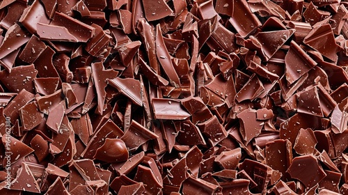 A close up of chocolate pieces with a lot of texture. Concept of indulgence and richness, as the chocolate appears to be broken into small pieces and scattered across the surface