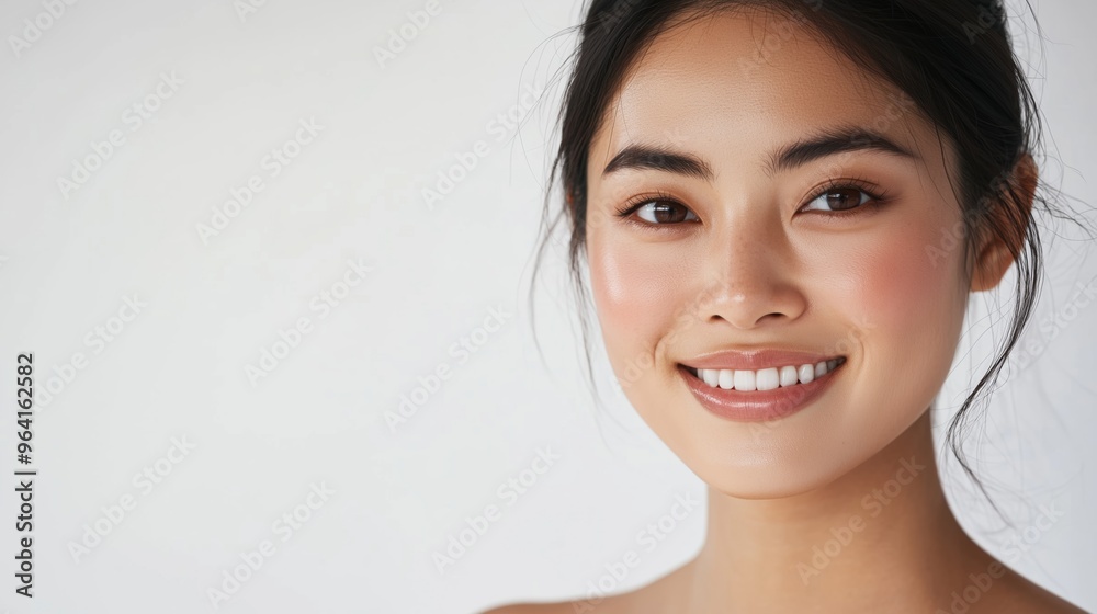 A close-up portrait of a smiling Asian woman with flawless skin.
