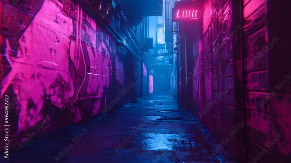 A neon-lit alleyway in a futuristic city, with strange graffiti on the walls A neon-lit alleyway in a futuristic city, with strange graffiti on the walls