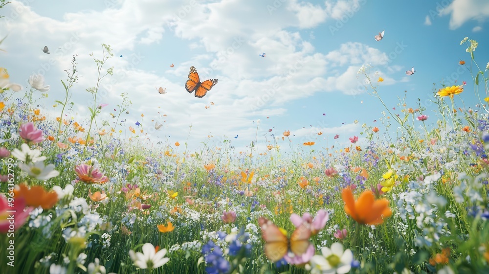 A spring wallpaper showing a field of flowers with many butterflies flying around A spring wallpaper showing a field of flowers with many butterflies flying around