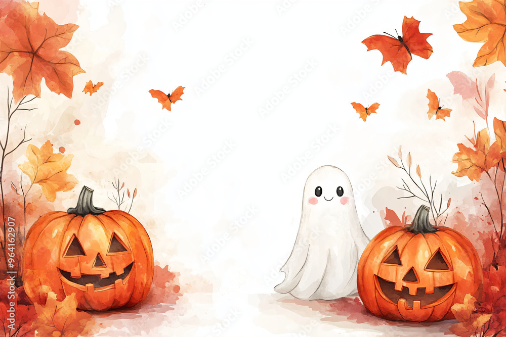 Funny ghost and pumpkin jack o lantern in witch hat on autumn background. Magic scary spirit. Watercolor Simple spooky monster. Festive holiday concept Funny ghost and pumpkin jack o lantern in witch hat on autumn background. Magic scary spirit. Watercolor Simple spooky monster. Festive holiday concept