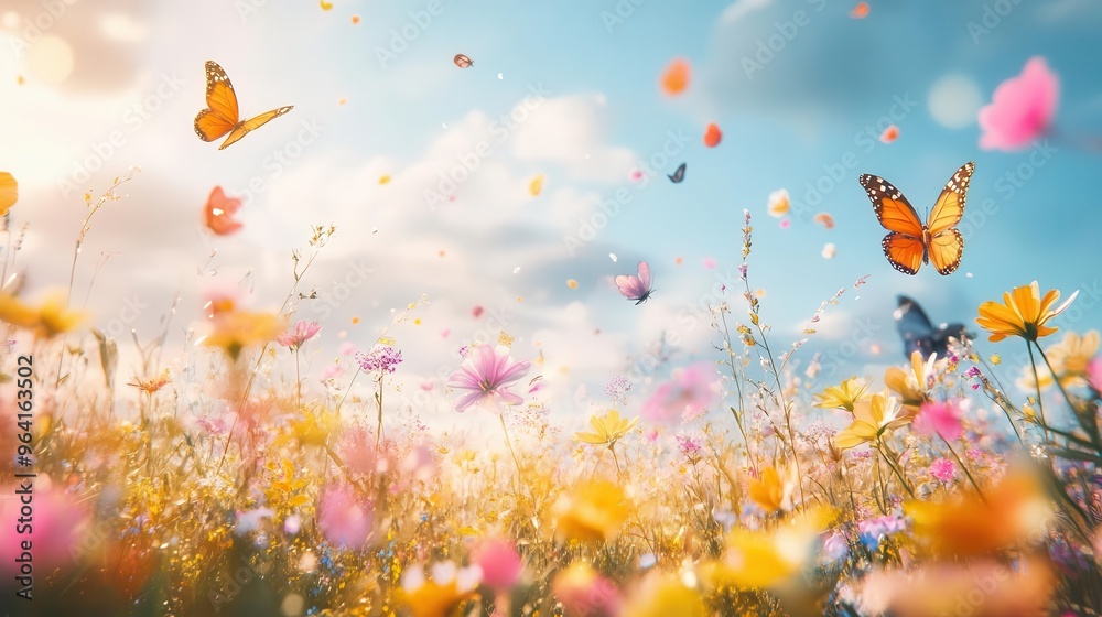 A spring wallpaper showing a field of flowers with many butterflies flying around A spring wallpaper showing a field of flowers with many butterflies flying around