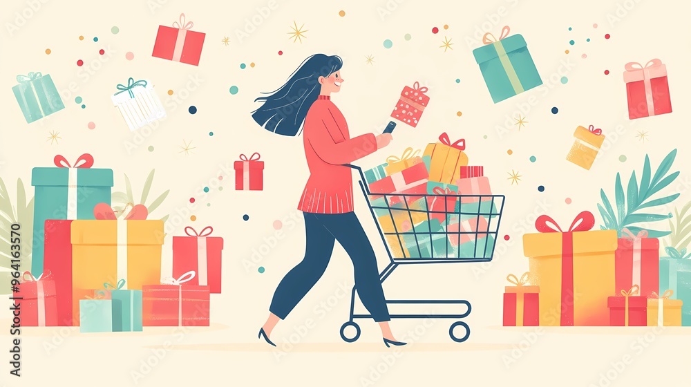 Girl pushing a shopping cart and holding a cell phone is checking out promotions Girl pushing a shopping cart and holding a cell phone is checking out promotions