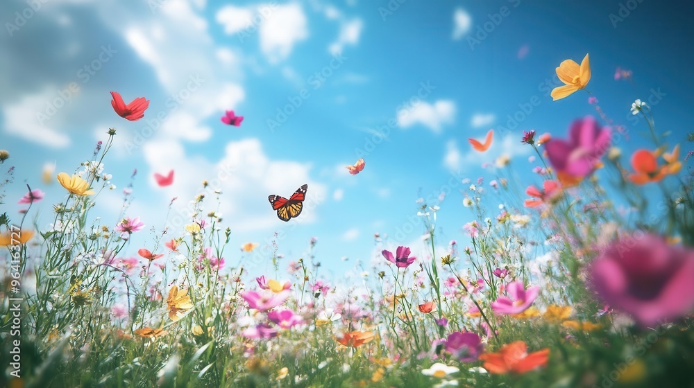A spring wallpaper showing a field of flowers with many butterflies flying around A spring wallpaper showing a field of flowers with many butterflies flying around