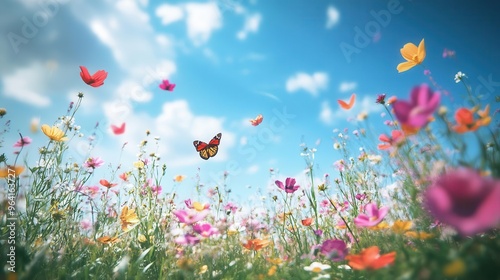 A spring wallpaper showing a field of flowers with many butterflies flying around