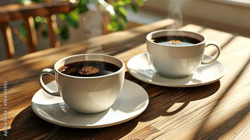 Morning coffee ritual in a sunlit café with two steaming cups on a wooden table Morning coffee ritual in a sunlit café with two steaming cups on a wooden table