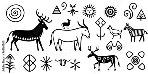 Primitive Cave Art Symbols in Black and White Representing Ancient Communication and Storytelling