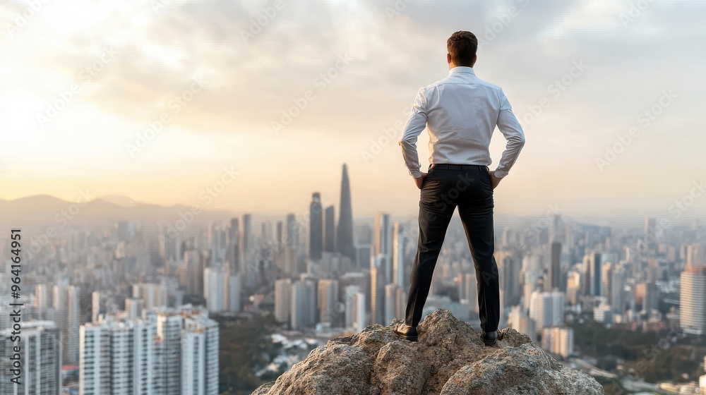 Businessman overlooking city skyline from mountain Businessman overlooking city skyline from mountain