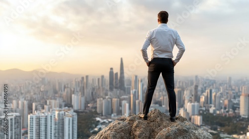 Businessman overlooking city skyline from mountain