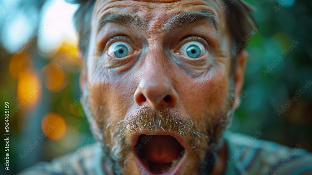 Close-up shot captures a man with a shocked expression: wide eyes, open mouth, unkempt look. Blurred background adds to intense, eerie atmosphere. Close-up shot captures a man with a shocked expression: wide eyes, open mouth, unkempt look. Blurred background adds to intense, eerie atmosphere.