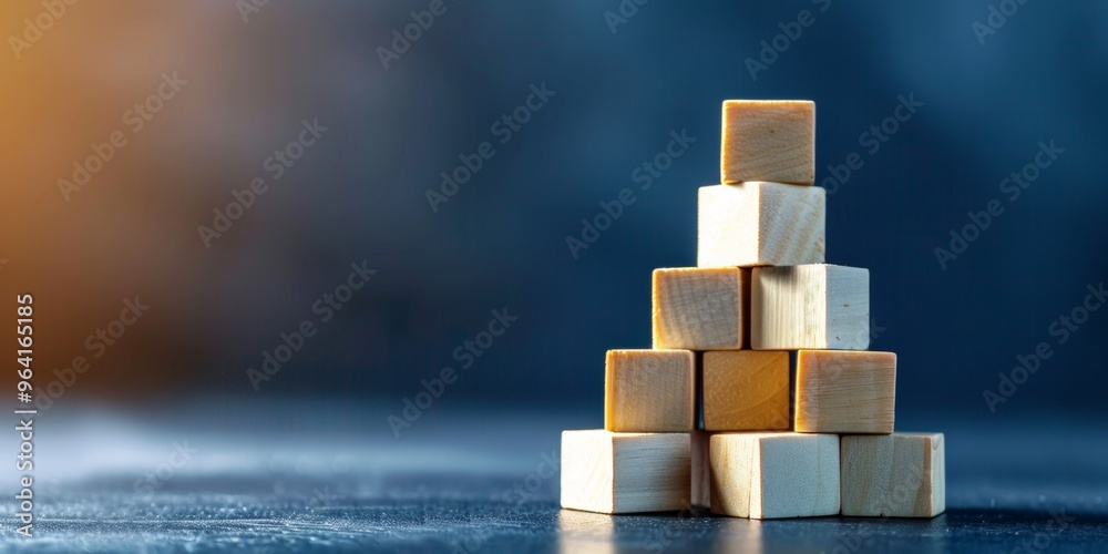 Wooden blocks stacked in a pyramid shape against a dark background, symbolizing growth, success, and stability.